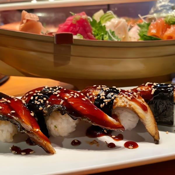 Unagi sushi with dark sauce and sesame seeds on a white plate, with a sushi boat in the background.