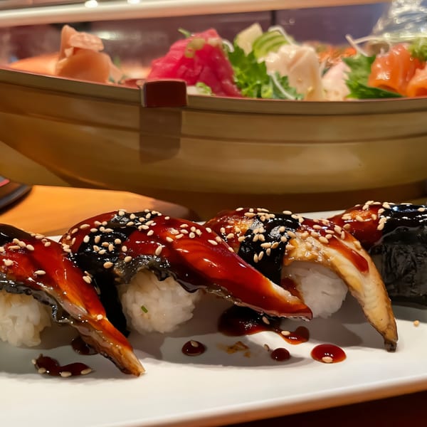 Close-up of eel nigiri sushi with sauce and sesame seeds, with a sushi boat in the background.
