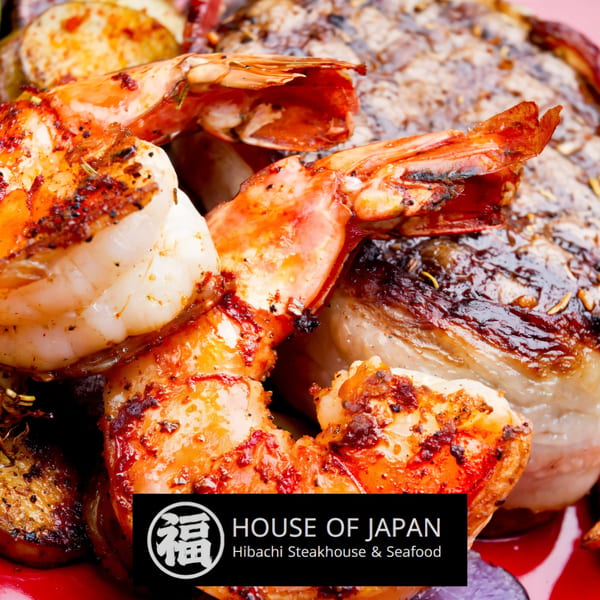 Grilled shrimp and steak with roasted potatoes, a House of Japan specialty.