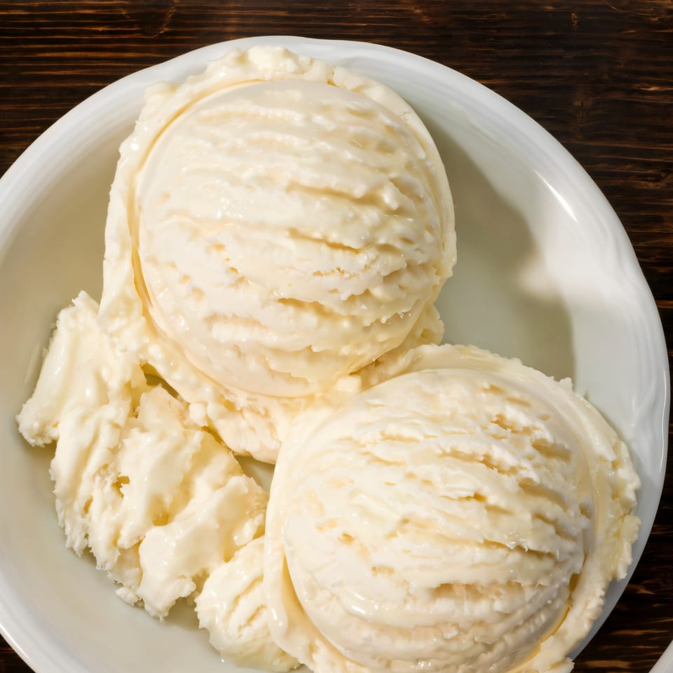 Three scoops of vanilla ice cream in a white bowl on a dark wooden table.