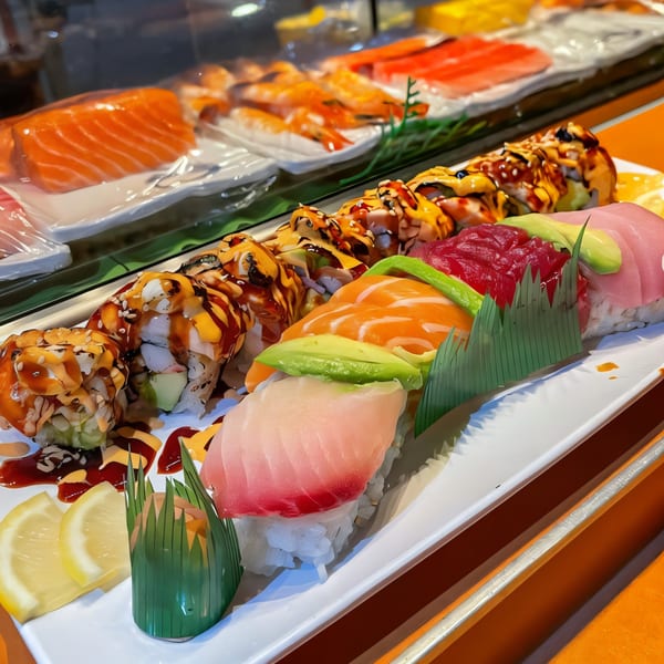 A vibrant platter of House of Japan sushi and sashimi, with rolls, nigiri, and lemon slices.